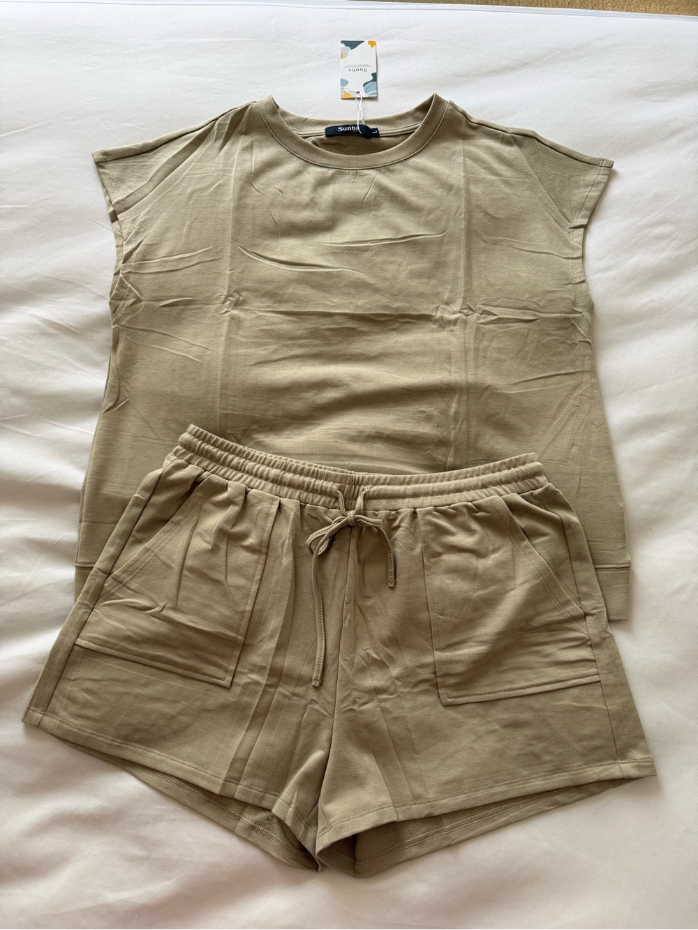 Sundry High-Waist Drawstring Shorts with matching muscle top  in Taupe